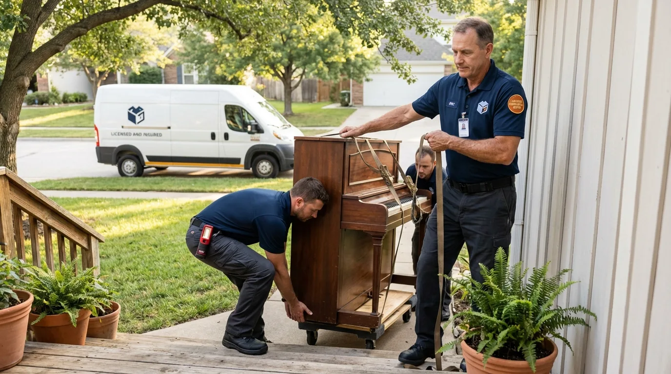 Licensed piano movers securing grand piano in Lawrence, KS