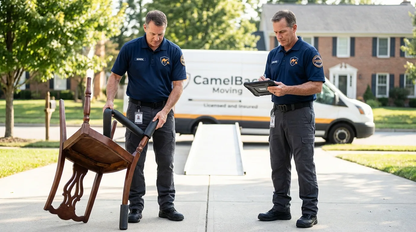 Movers inspecting furniture for damage prevention before loading in Lawrence, KS