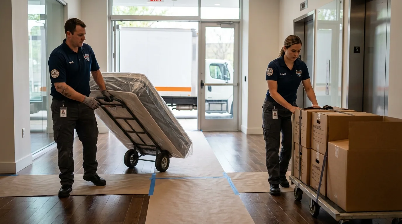 Professional apartment movers loading elevator in Lawrence, KS