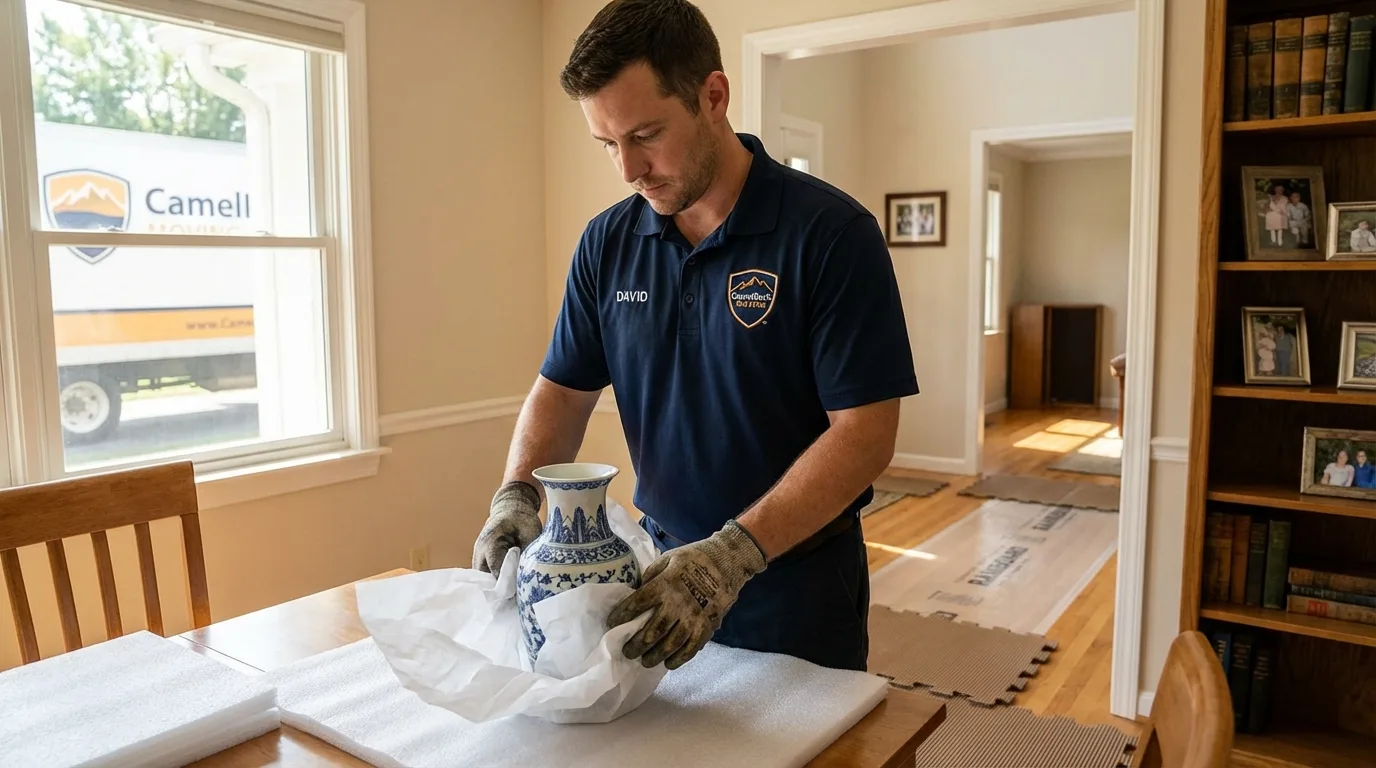 Professional crew carefully wrapping antique vase for senior downsizing move in Lawrence, KS